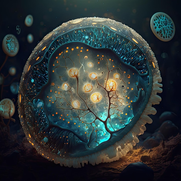 Грибные светящиеся споры волшебное боке сгенерированное изображение AI Мультфильм компьютер генерирует графические нейронные сети психоделические фэнтезийные грибы