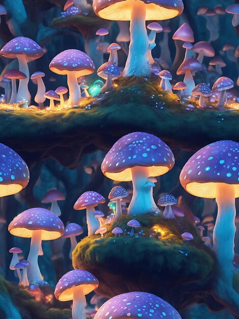 'Mushroom Grove' where oversized colorful mushrooms serve as homes for whimsical creatures