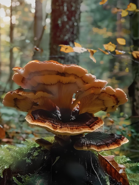 A mushroom growing on a stump in a forest with leaves flying around it and a sun shining through the