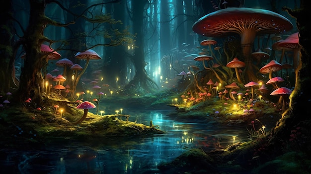 Mushroom Haven Discover the Enchanting World of Fungi in this Lush Forest Stream CloseUp Generative AI