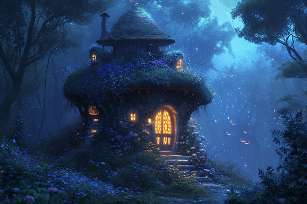 Mushroom house in the dark forest