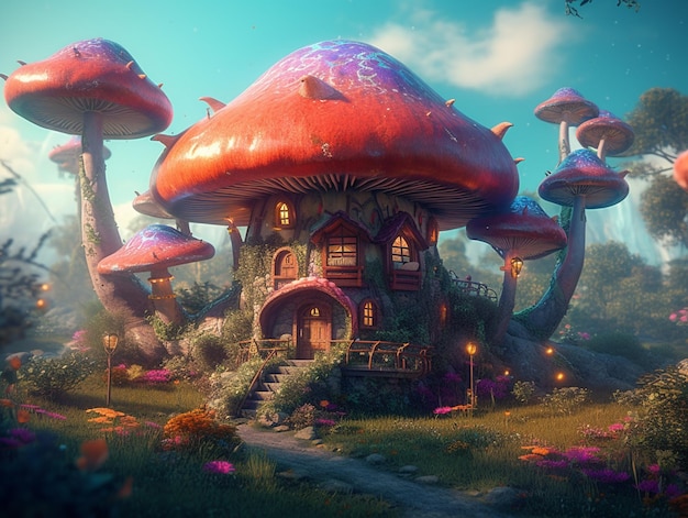 A mushroom house in a forest with a red roof and a mushroom house on the bottom.