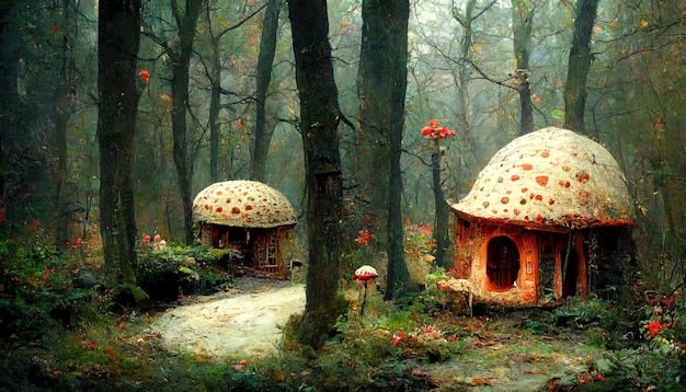 Mushroom house in forest