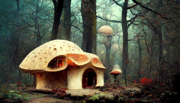 Mushroom house in forest