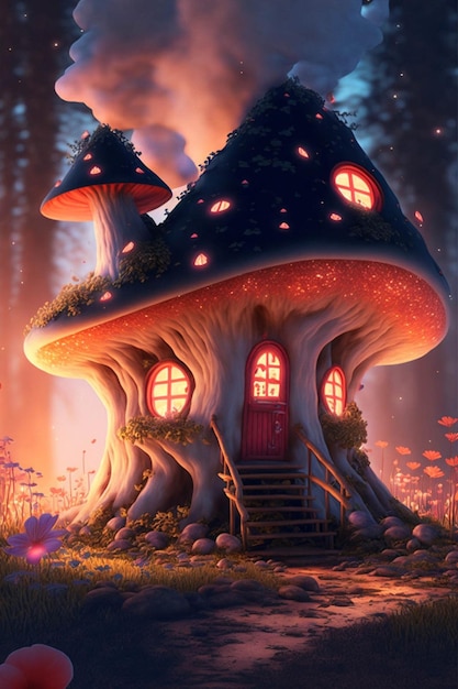 Mushroom house in the middle of a forest generative ai