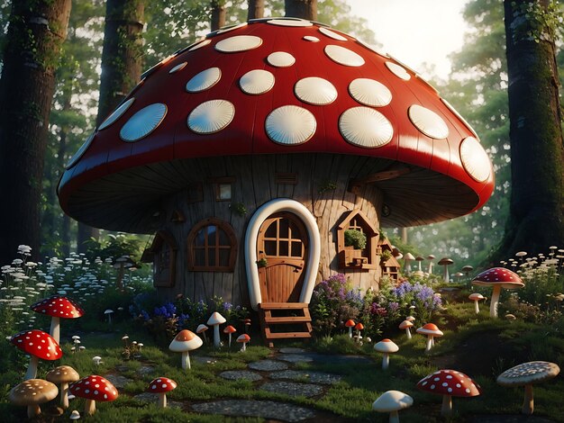 a mushroom house in the middle of a forest