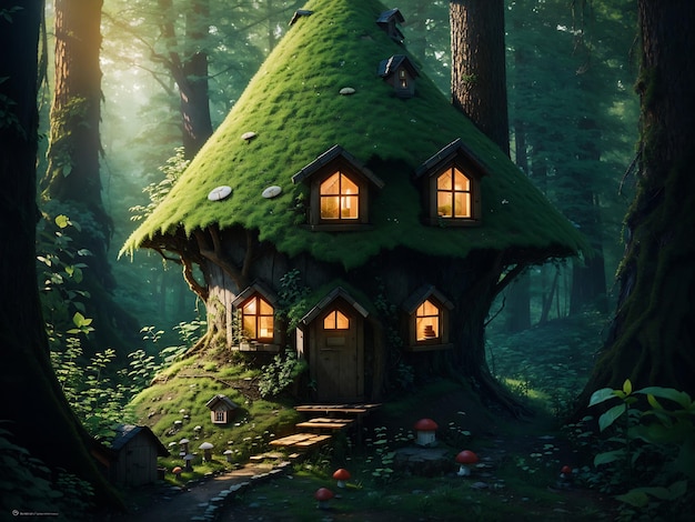 Photo a mushroom house in the middle of a forest