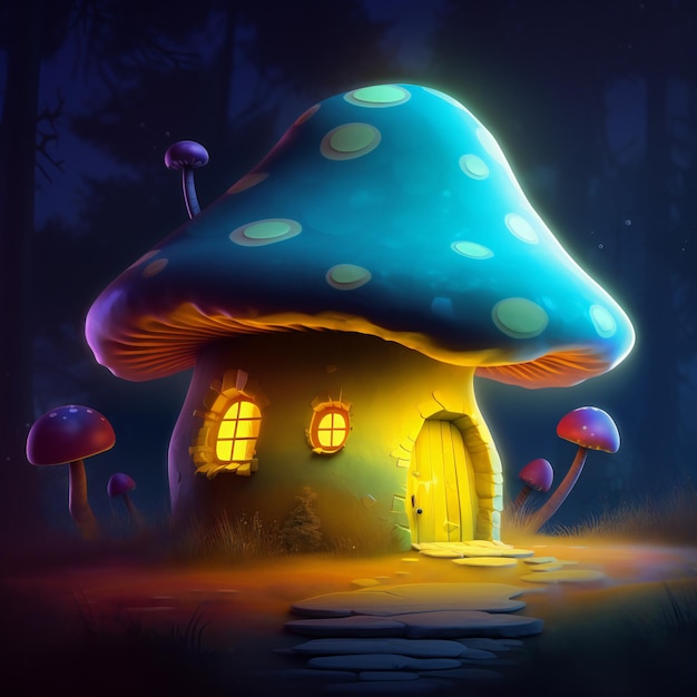 Дом-гриб с синей крышей