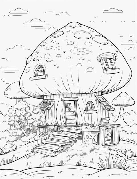 A mushroom house with a porch and steps leading to it generative ai