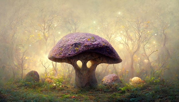 Mushroom houses by the log Generative Ai