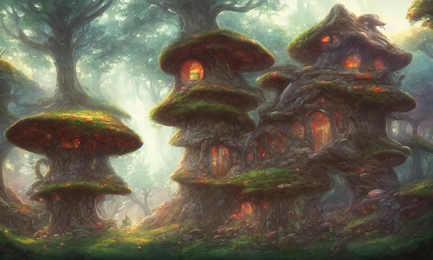 Mushroom houses a fabulous magical forest village of fairies Mushroom trees light in the windows Fabulous 3d illustration