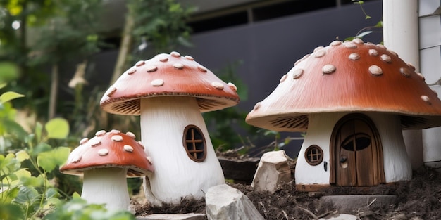 Mushroom houses in a garden with a rock garden in the background