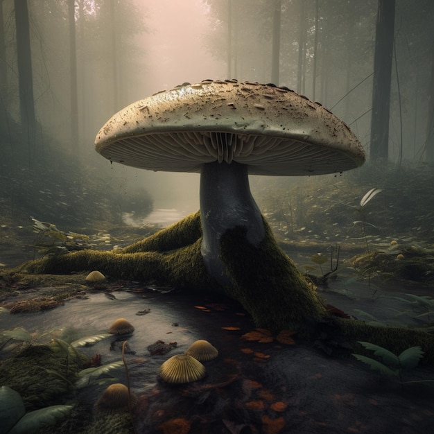 A mushroom is in the middle of a forest with a forest floor and a forest floor.