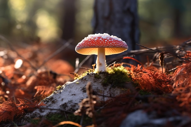 a mushroom is sitting on the ground in the woods