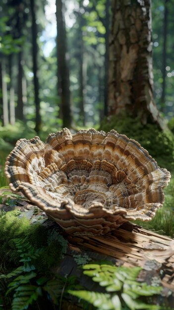 A mushroom is sitting on a log in a forest