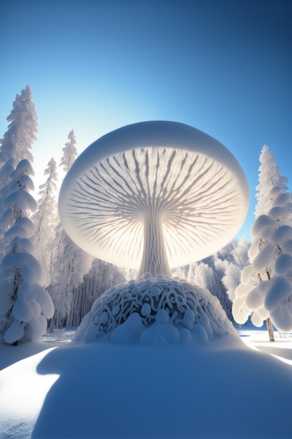 Mushroom like structure in the middle of a snowy forest generative ai