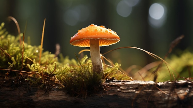 A mushroom on a log with a blurred background.