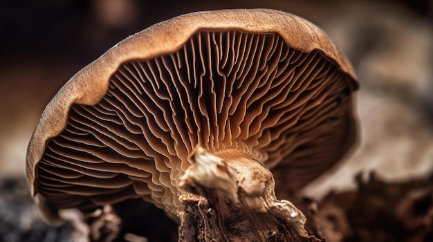 A mushroom on a log with a brown background