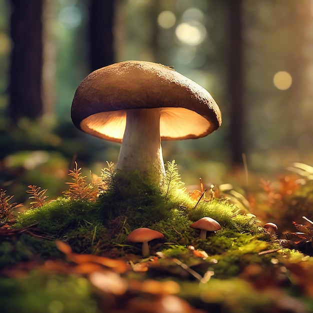 Mushroom in the moss on the forest floor Mystical magician Autumn light mood