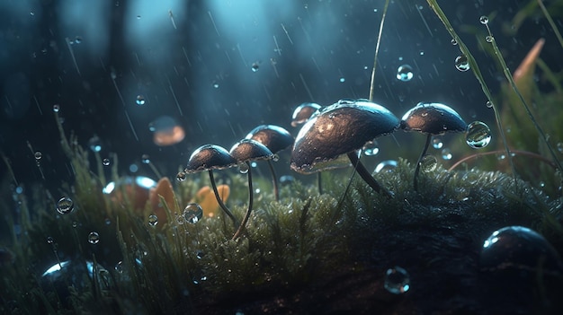 A mushroom on a moss in the rain