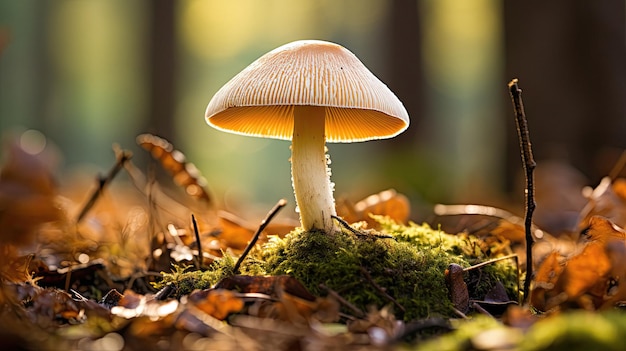 A mushroom on a mossy log in autumn