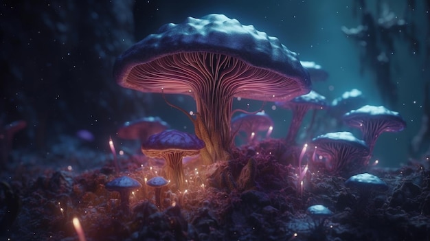 A mushroom and a mushroom are surrounded by glowing lights.