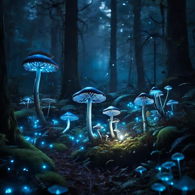 Foto illustrazione al neon di funghi sullo sfondo scuro generata da ai