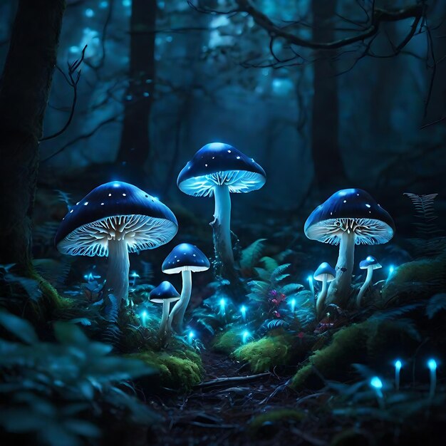 Foto illustrazione al neon di funghi sullo sfondo scuro generata da ai