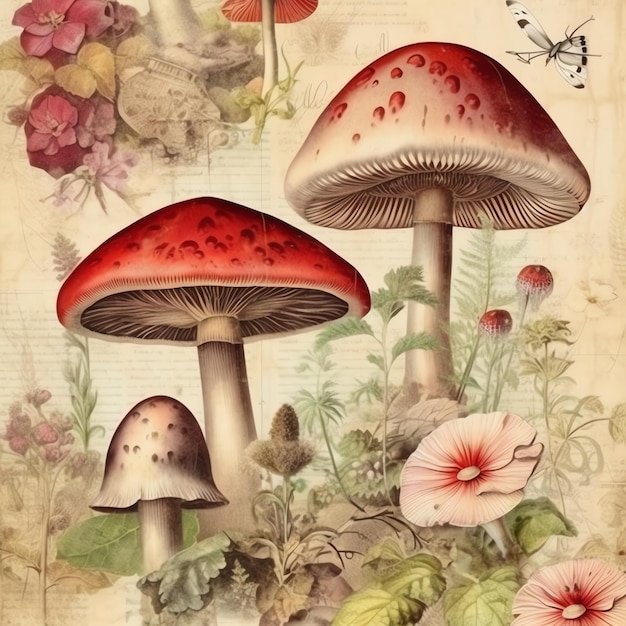 Mushroom old paper vintage digital paper