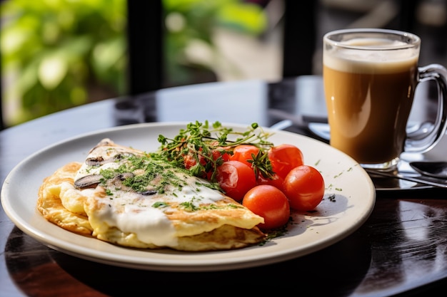 Mushroom omelet topped with goat cheese and tomatoes served with coffee
