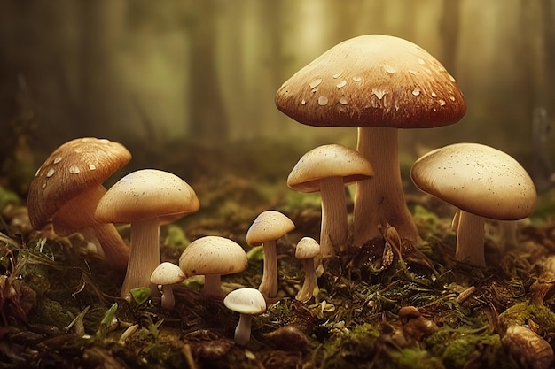 A mushroom patch in the forest with raindrops on the ground