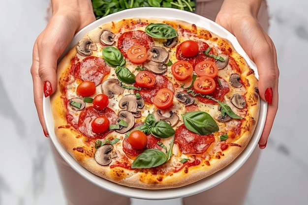 Mushroom pizza in the hands of women