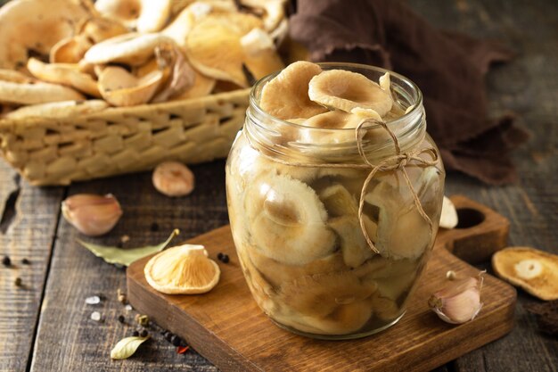 Mushroom preservation Home preservation of products glass jars with pickled mushrooms