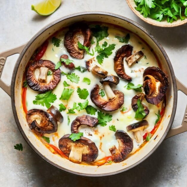 Photo mushroom queso fundido with fresh green peppers