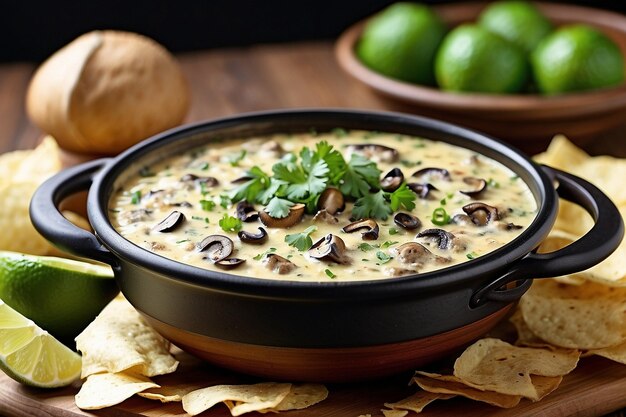 Foto queso fundido ai funghi con cuneo di lime fresco