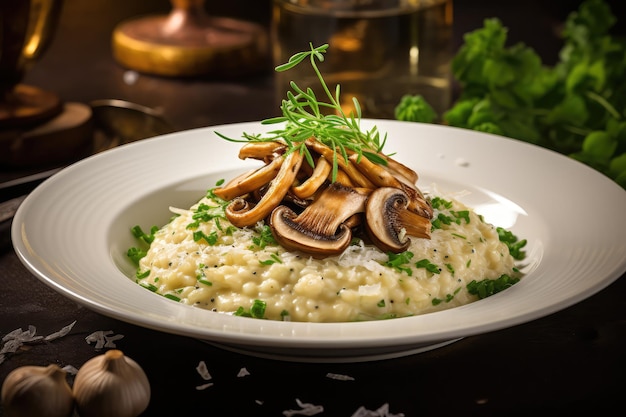 Photo mushroom risotto on elegant restaurant plate porcini mushrooms rissoto delicious italian risoto lunch