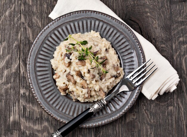 Mushroom risotto on plate close up view