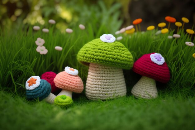 Mushroom shape knitting art illustration for photos in cafes restaurants dining rooms colorful realistic