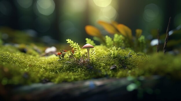 A mushroom sits on a mossy log in a forest.