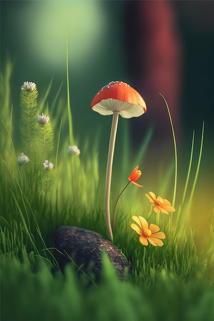 Mushroom sitting on top of a lush green field generative ai