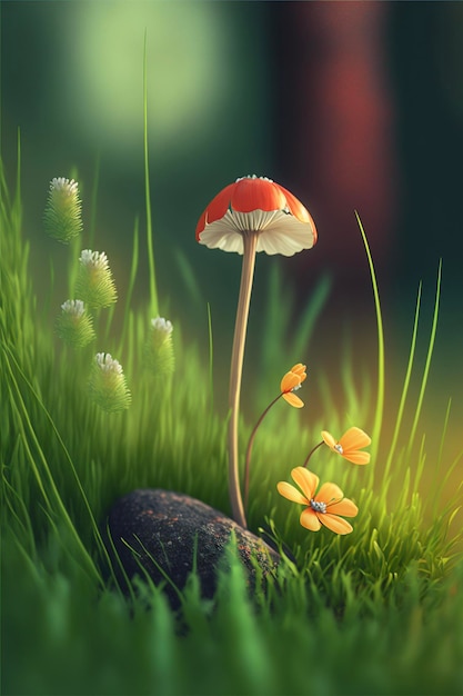 Mushroom sitting on top of a lush green field generative ai