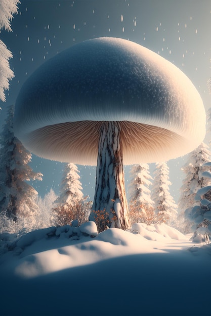 Mushroom sitting on top of a snow covered forest generative ai