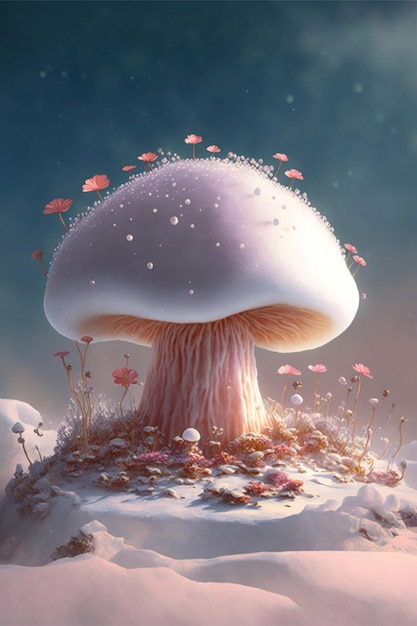 Mushroom sitting on top of a snow covered ground generative ai