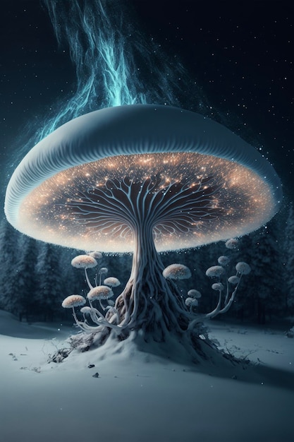 Mushroom sitting on top of a snow covered ground generative ai