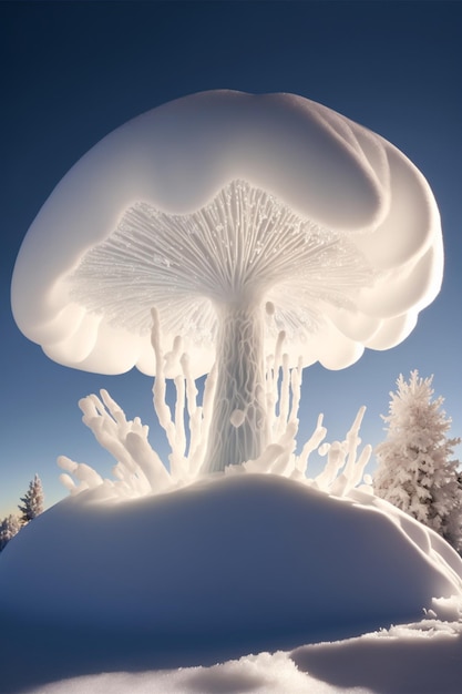 Mushroom sitting on top of a snow covered hill generative ai