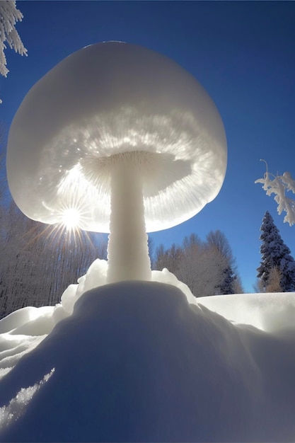 Mushroom sitting on top of a snow covered hill generative ai