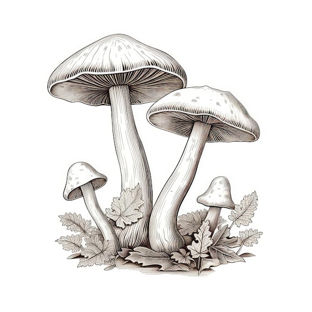 Mushroom Sketch Engraving Champignons Hand Drawn Sketched Mushrooms Isolated on white