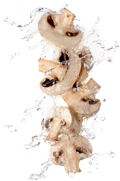 Photo mushroom slices in water splash