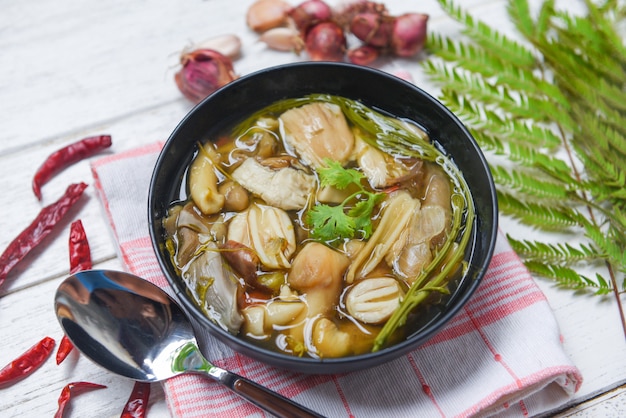 Mushroom soup bowl Yellow wild mushroom or grisette Amanita vaginata edible mushrooms 