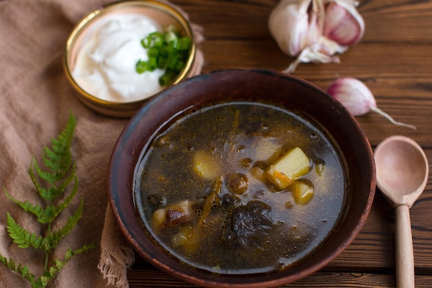 mushroom soup in a clay plate with sour cream and green onions Rustic lunch at home